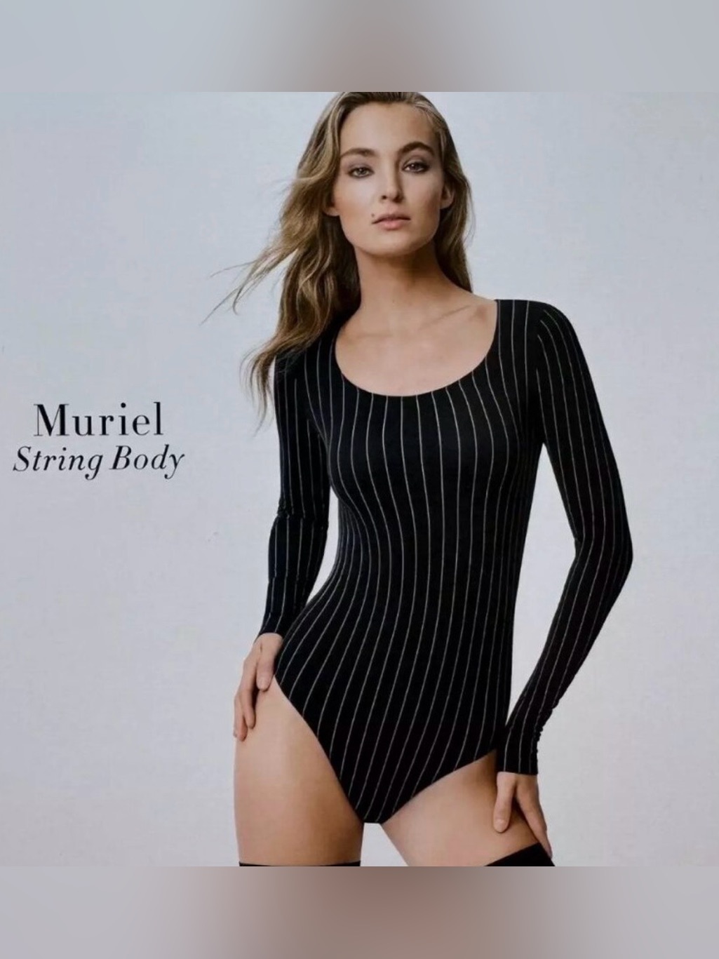Wolford Black Pinstripe Long-Sleeve Scoop Neck Bodysuit-New Condition Never Worn